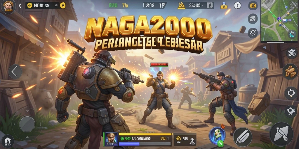 Screenshot gameplay NAGA2000 menampilkan pertarungan intens di medan perang Battle Royale.