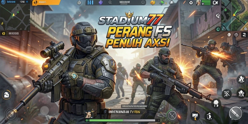 Screenshot gameplay STADIUM77 menunjukkan pertempuran intens dan grafik menakjubkan.